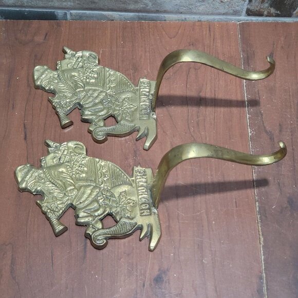 Brass Ho Ho Ho Christmas Santa Claus Sleigh Stocking Holder Hanger  Set of 2 - Picture 6 of 10
